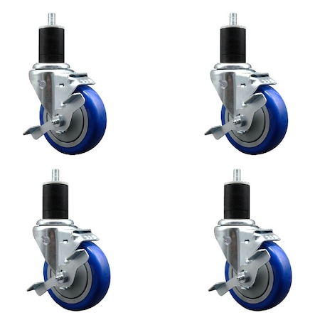 Service Caster 4'' Blue Poly Swivel 1-3/4'' Expanding Stem Caster Set with Brake, 4PK SCC-EX20S414-PPUB-BLUE-TLB-134-4